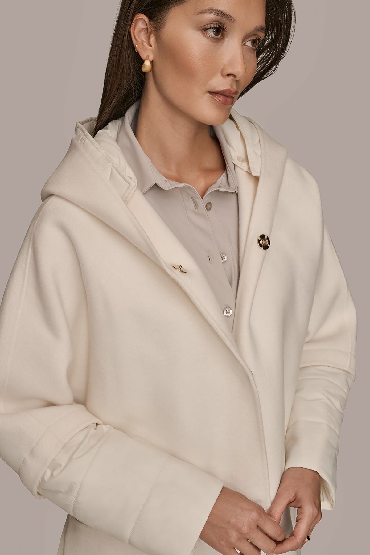 HOODED WOOL-BLEND CAPE COAT - CREAM