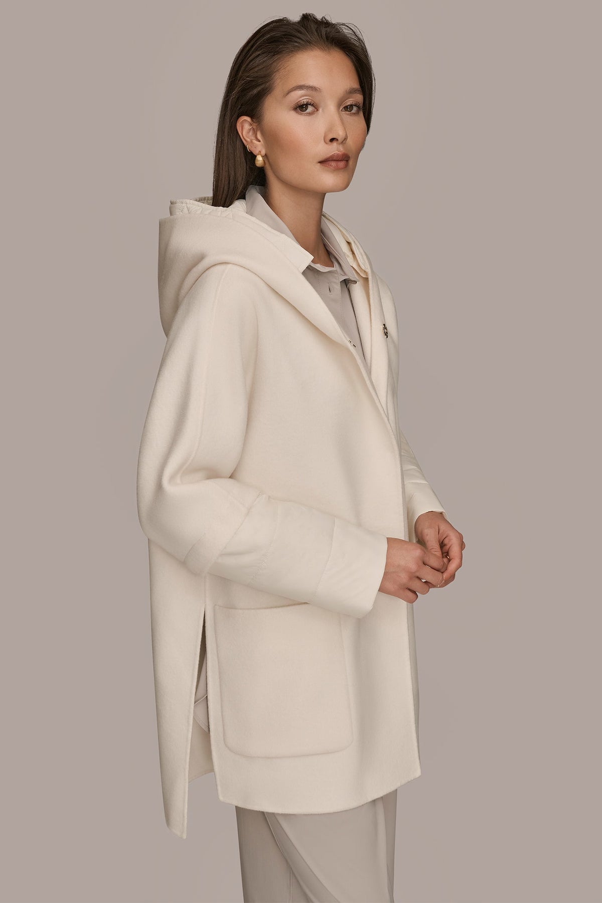 HOODED WOOL-BLEND CAPE COAT - CREAM