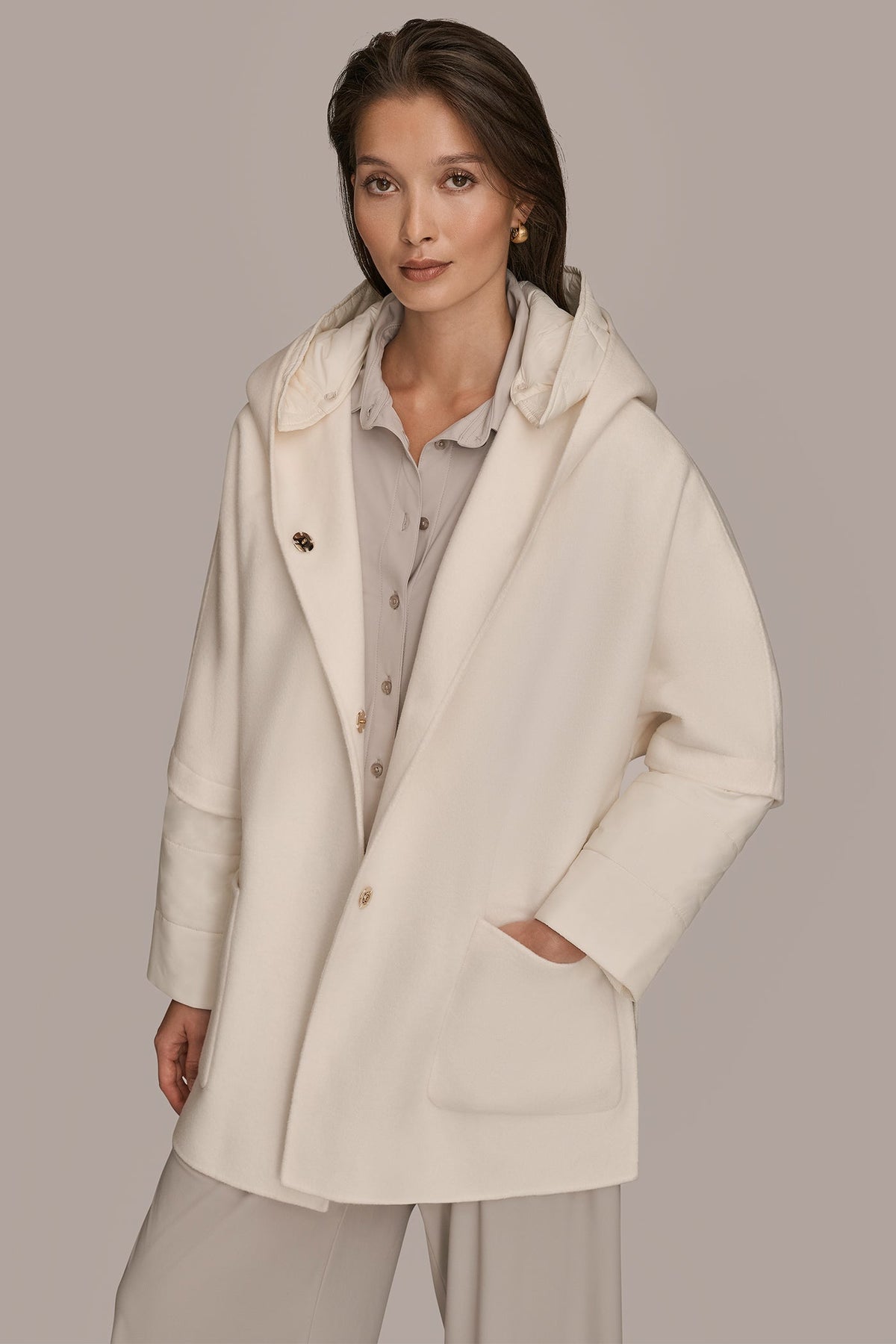 HOODED WOOL-BLEND CAPE COAT - CREAM