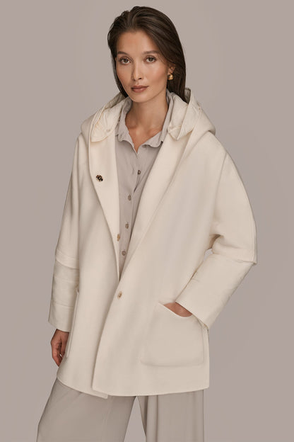 HOODED WOOL-BLEND CAPE COAT - CREAM