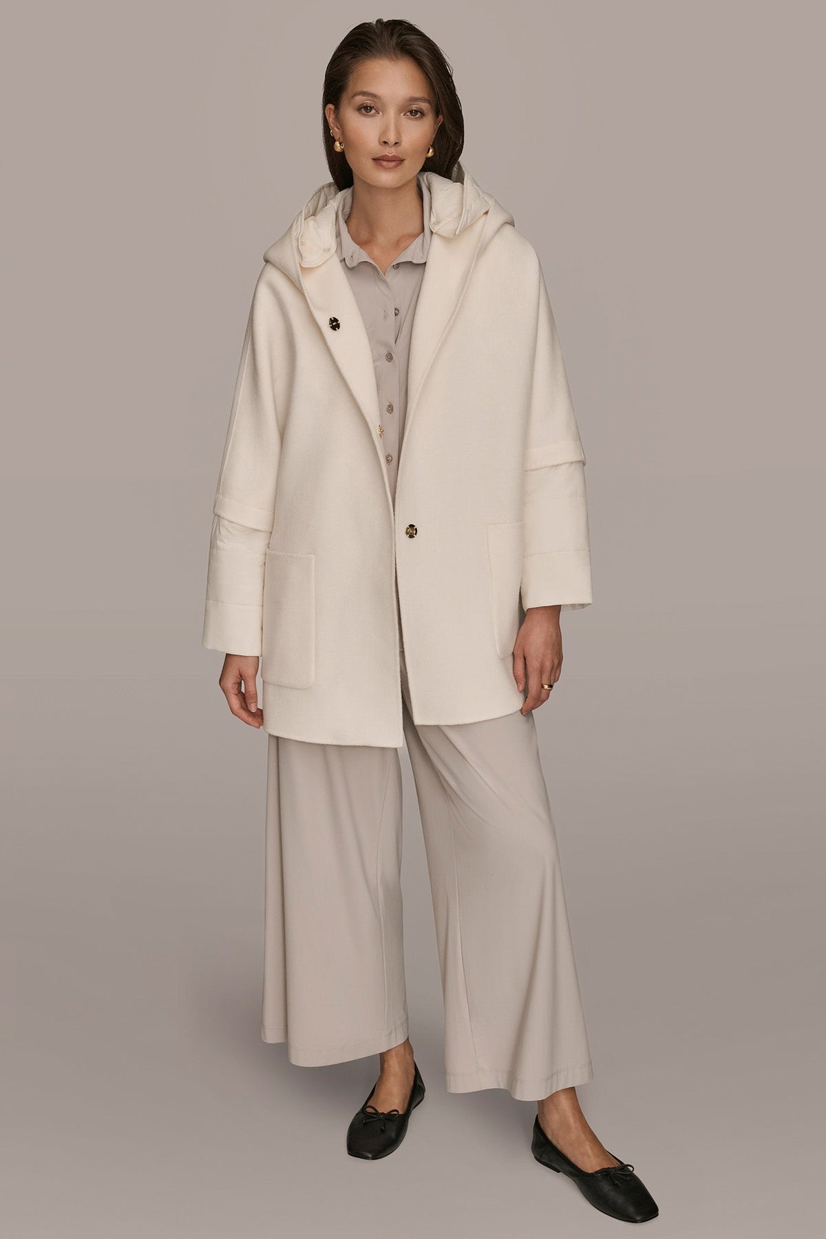 HOODED WOOL-BLEND CAPE COAT - CREAM