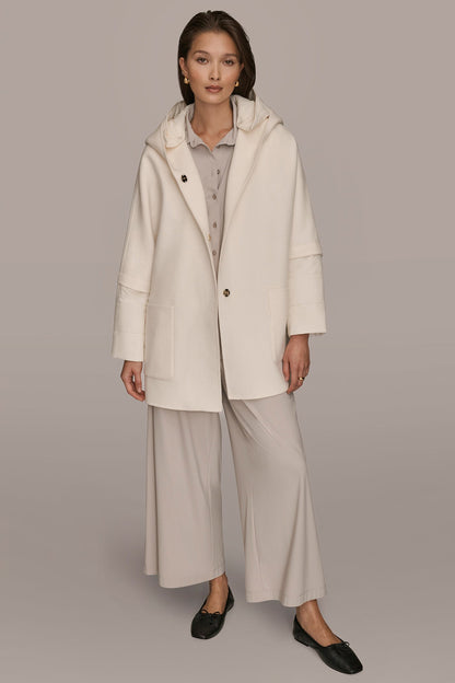 HOODED WOOL-BLEND CAPE COAT - CREAM