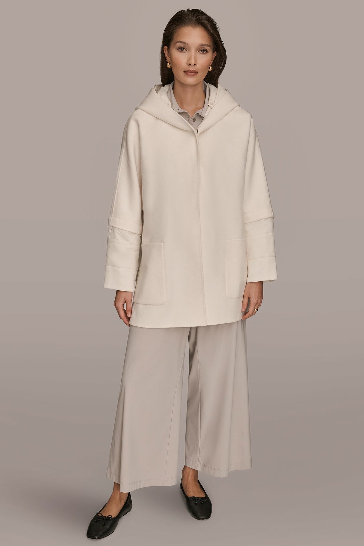 HOODED WOOL-BLEND CAPE COAT - CREAM