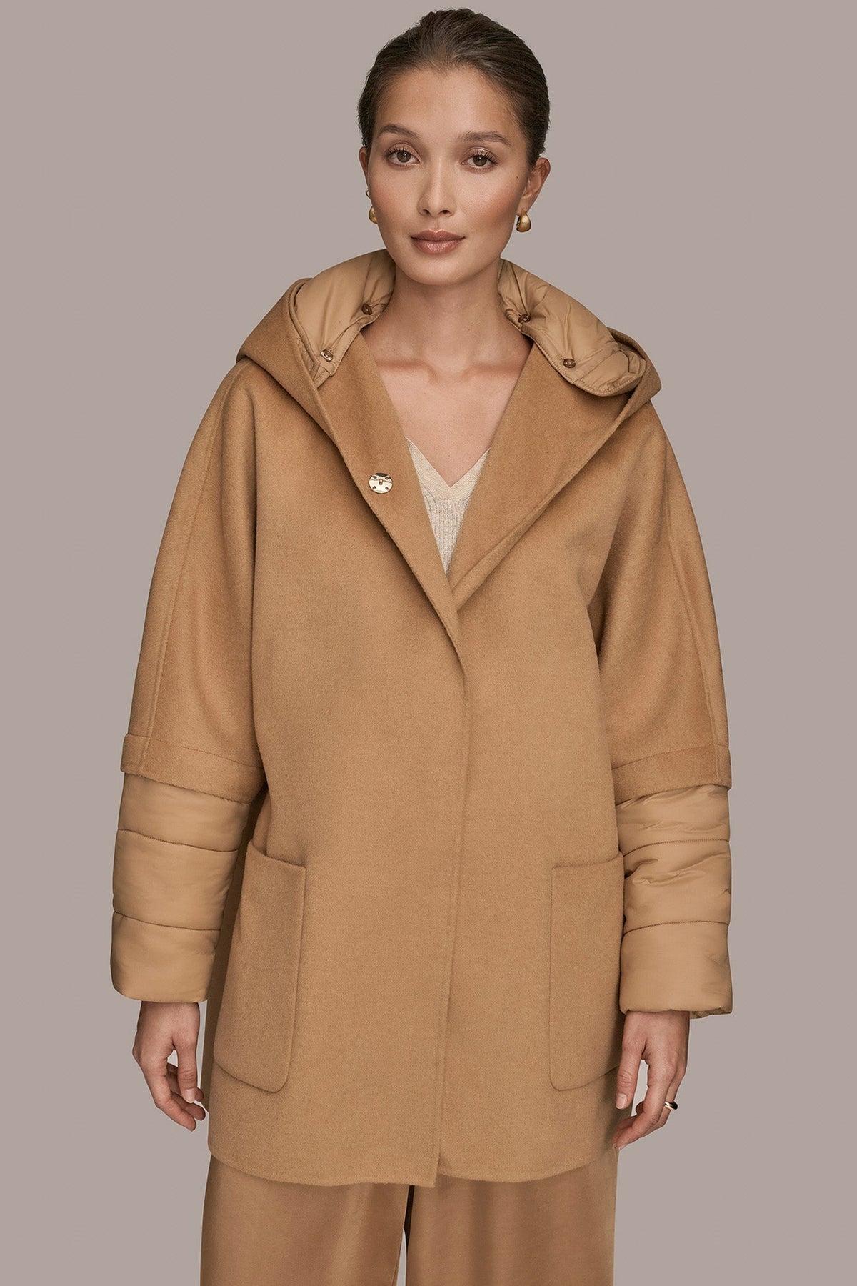 HOODED WOOL-BLEND CAPE COAT - FAWN