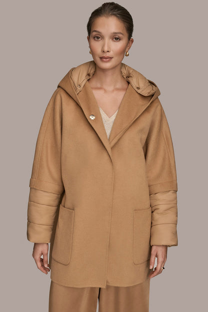 HOODED WOOL-BLEND CAPE COAT - FAWN