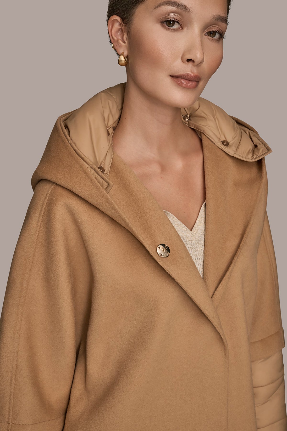 HOODED WOOL-BLEND CAPE COAT - FAWN