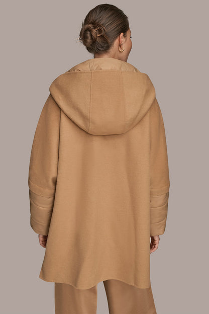 HOODED WOOL-BLEND CAPE COAT - FAWN