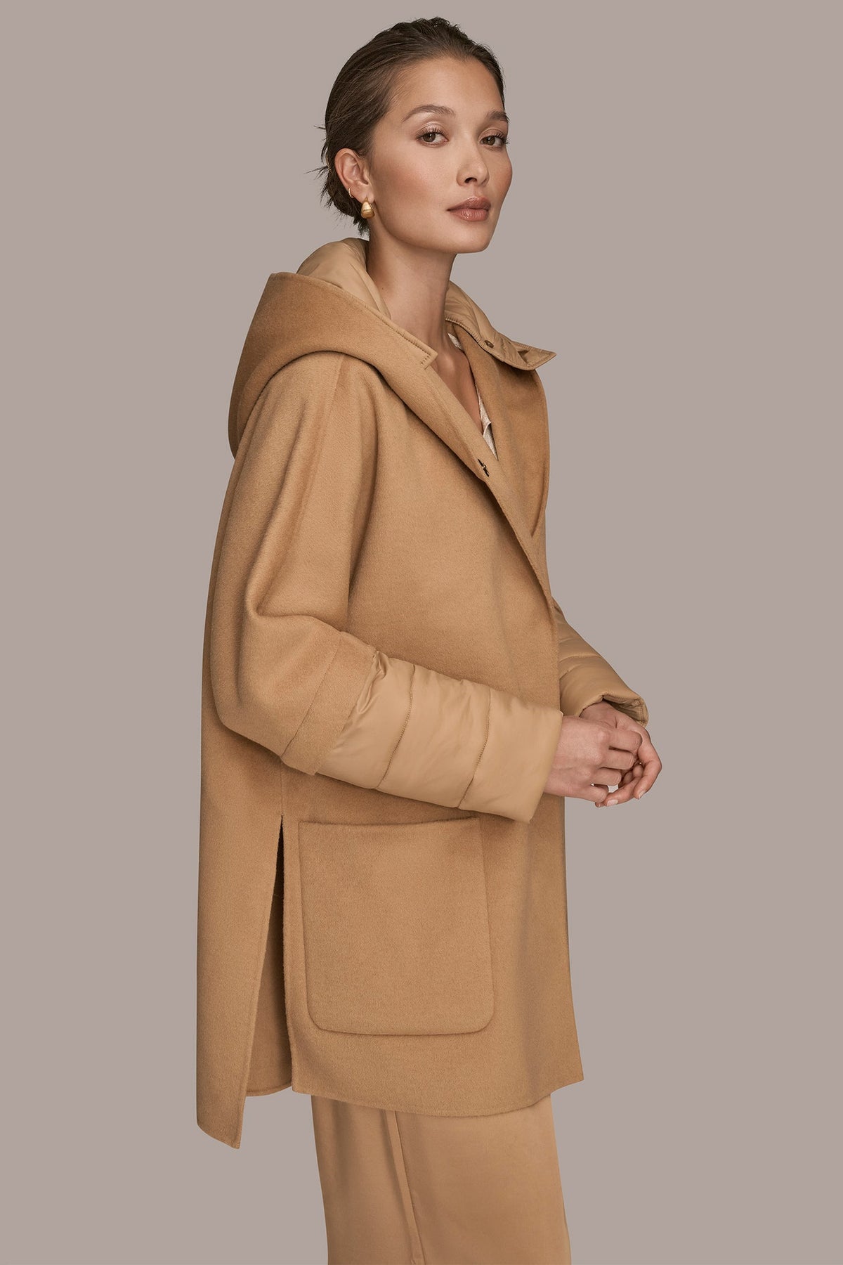HOODED WOOL-BLEND CAPE COAT - FAWN