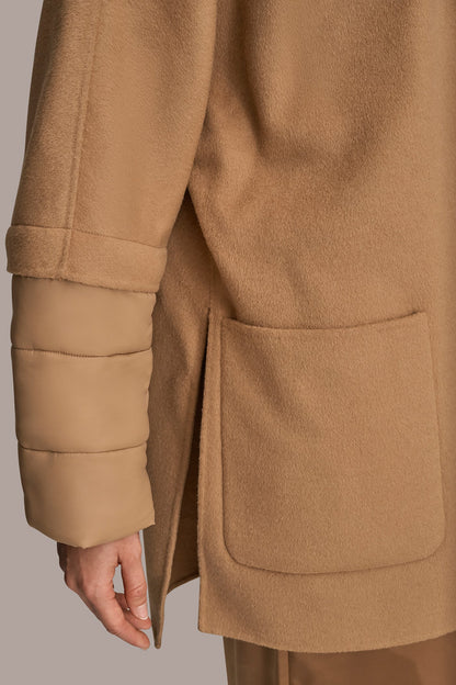 HOODED WOOL-BLEND CAPE COAT - FAWN
