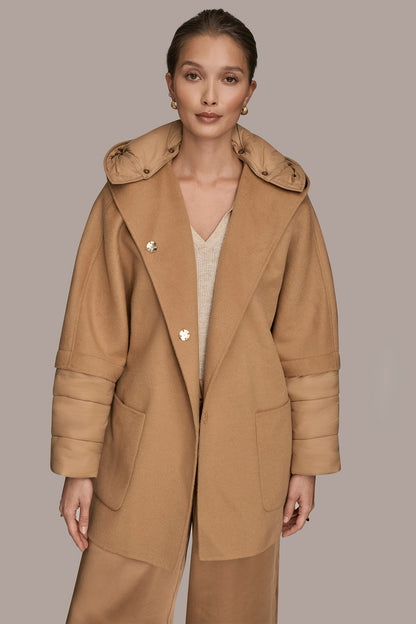 HOODED WOOL-BLEND CAPE COAT - FAWN