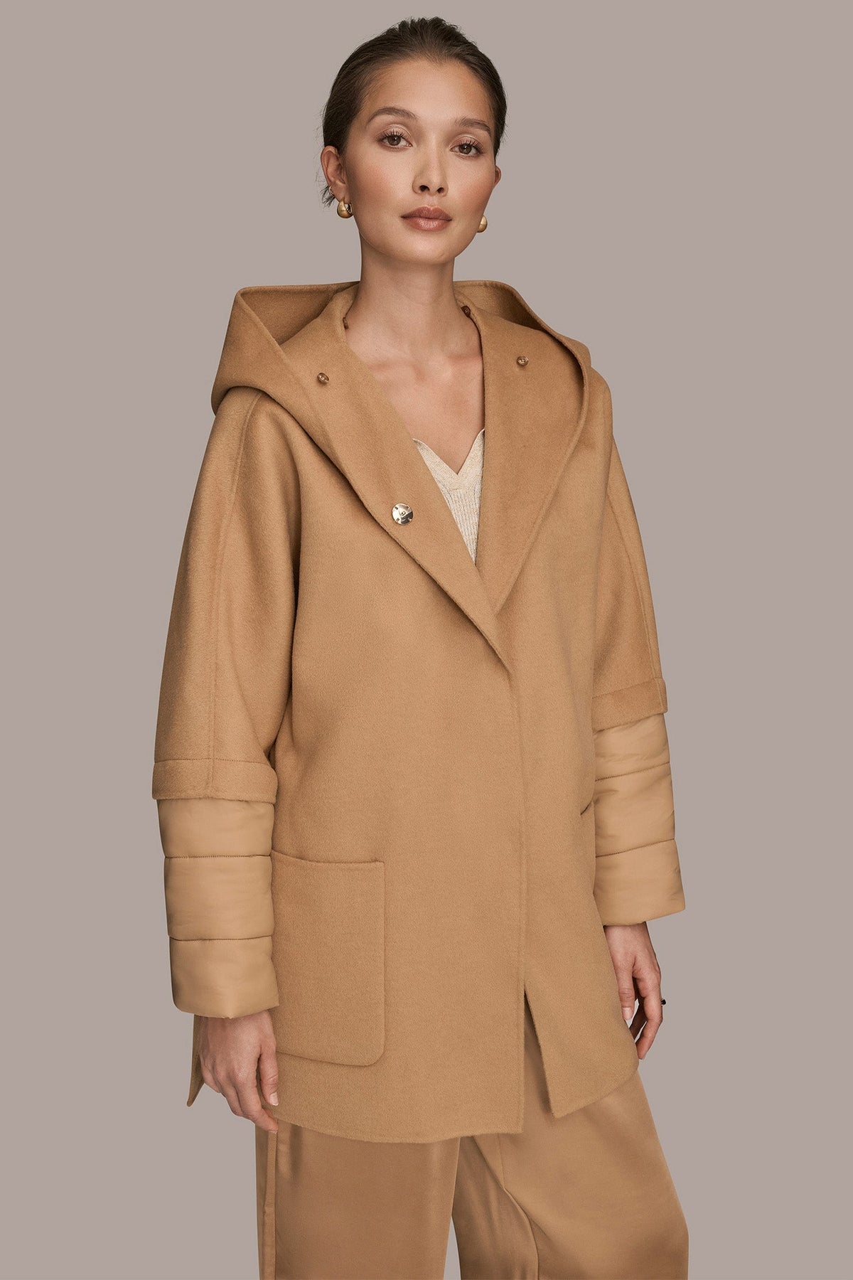 HOODED WOOL-BLEND CAPE COAT - FAWN
