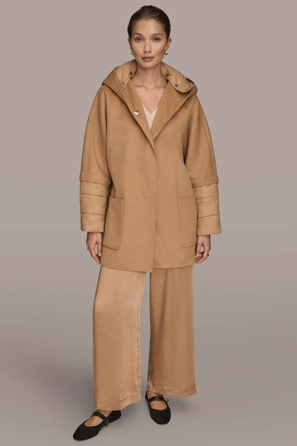 HOODED WOOL-BLEND CAPE COAT - FAWN