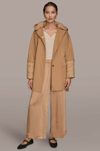 HOODED WOOL-BLEND CAPE COAT - FAWN