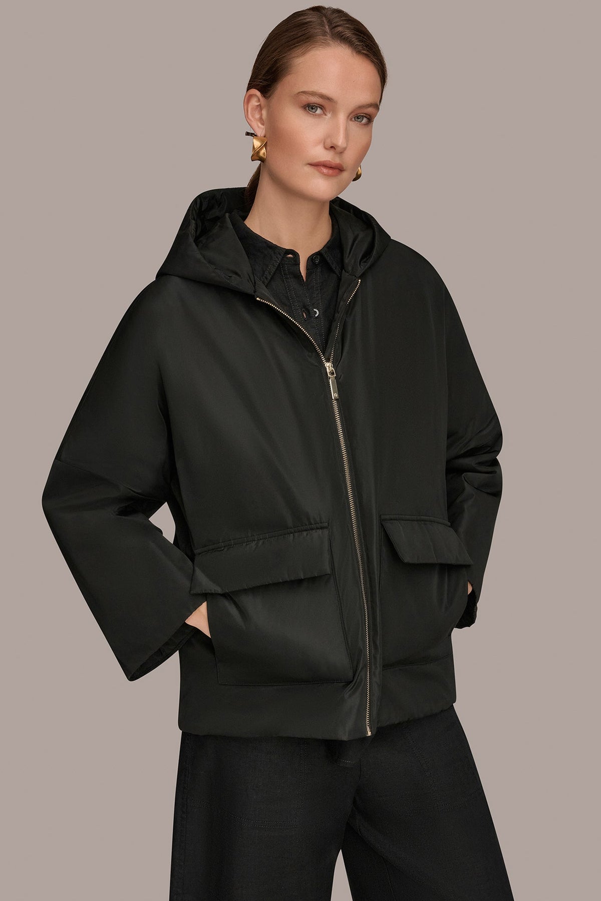 HOODED LIGHT QUILT JACKET - Black