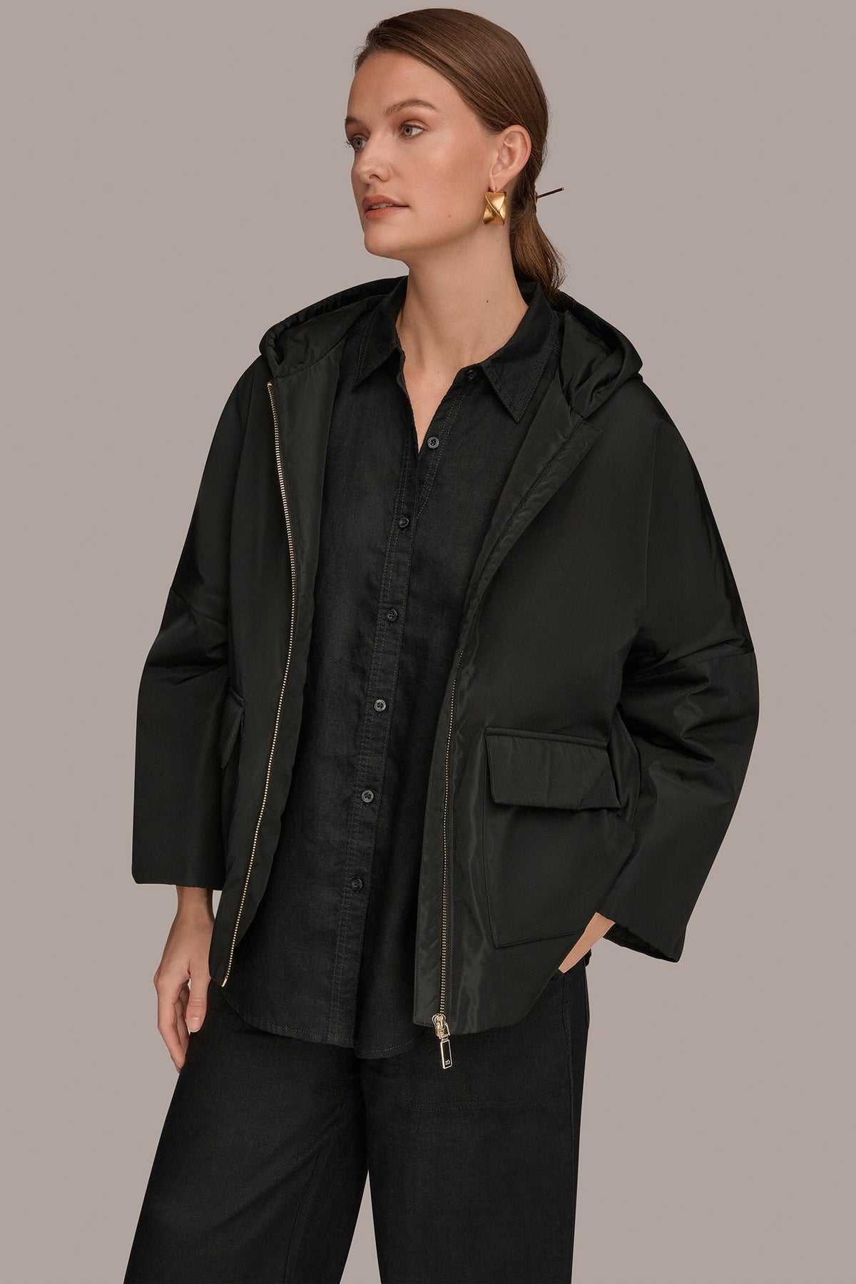 HOODED LIGHT QUILT JACKET - Black