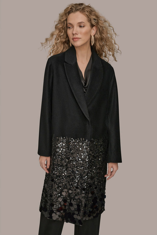 LONG SEQUIN WOOL-BLEND COAT - Black