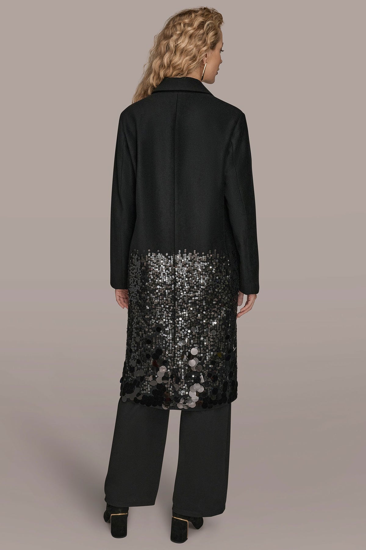 LONG SEQUIN WOOL-BLEND COAT - Black