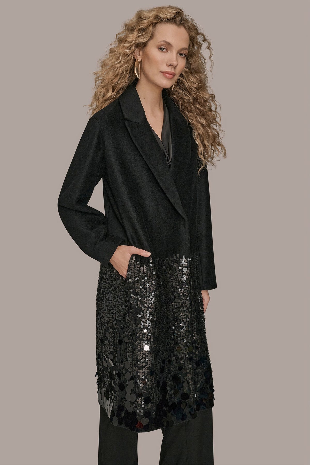 LONG SEQUIN WOOL-BLEND COAT - Black