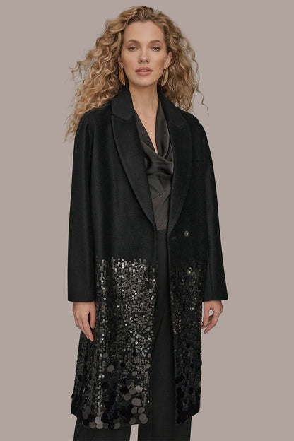 LONG SEQUIN WOOL-BLEND COAT - Black