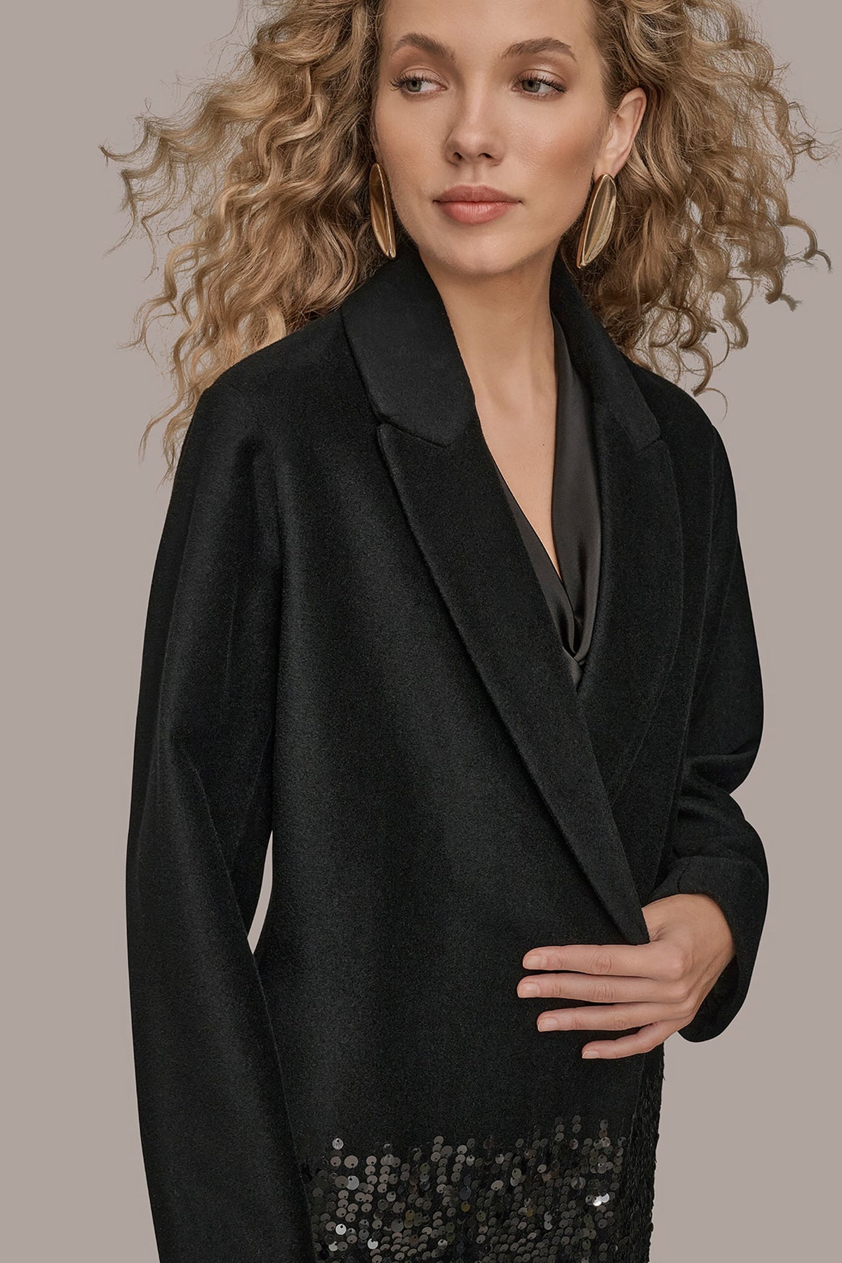 LONG SEQUIN WOOL-BLEND COAT - Black
