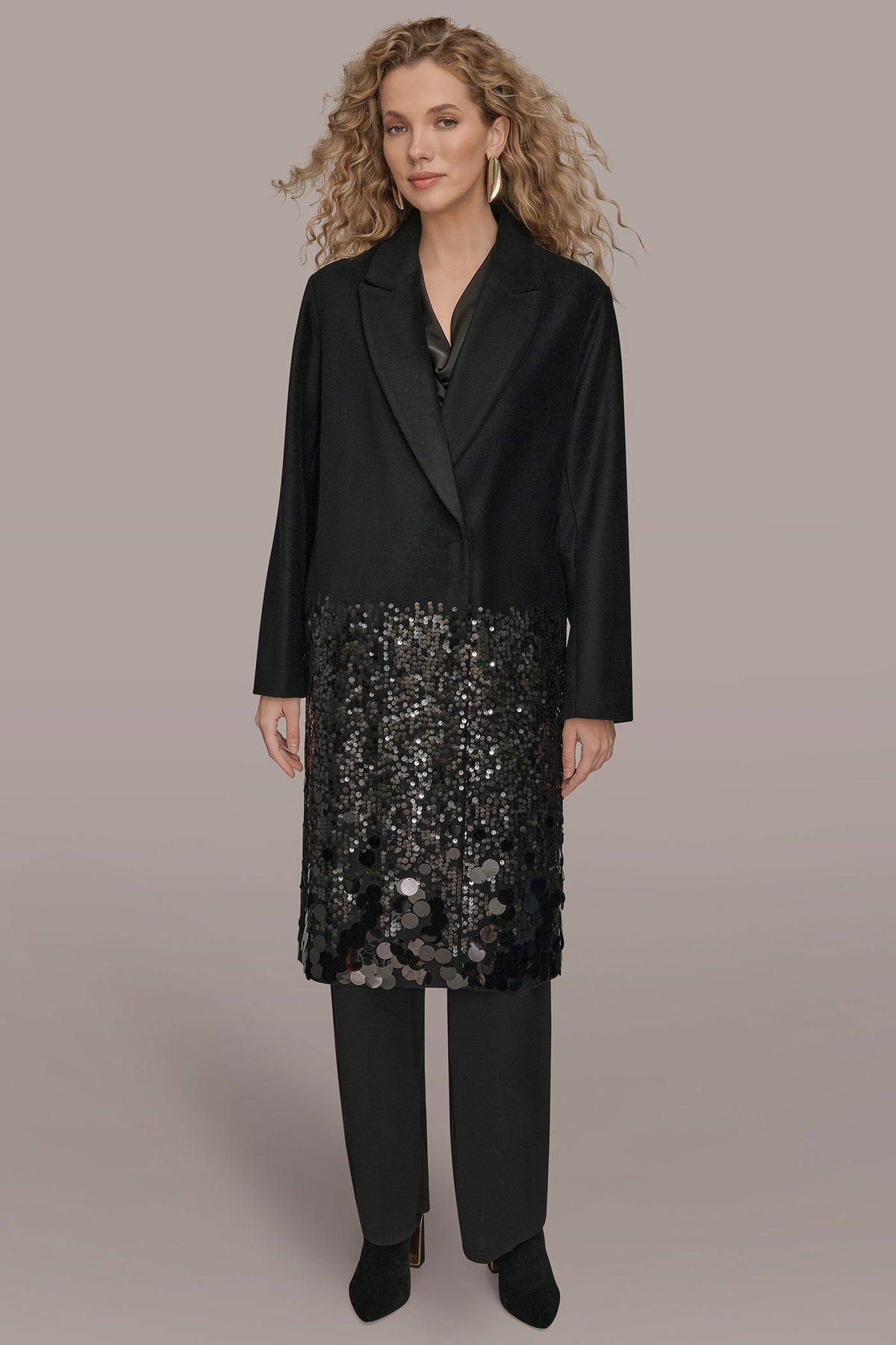 LONG SEQUIN WOOL-BLEND COAT - Black