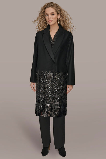 LONG SEQUIN WOOL-BLEND COAT - Black