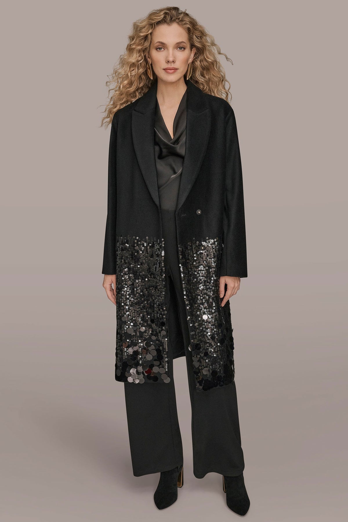 LONG SEQUIN WOOL-BLEND COAT - Black