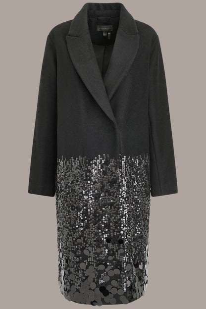 LONG SEQUIN WOOL-BLEND COAT - Black