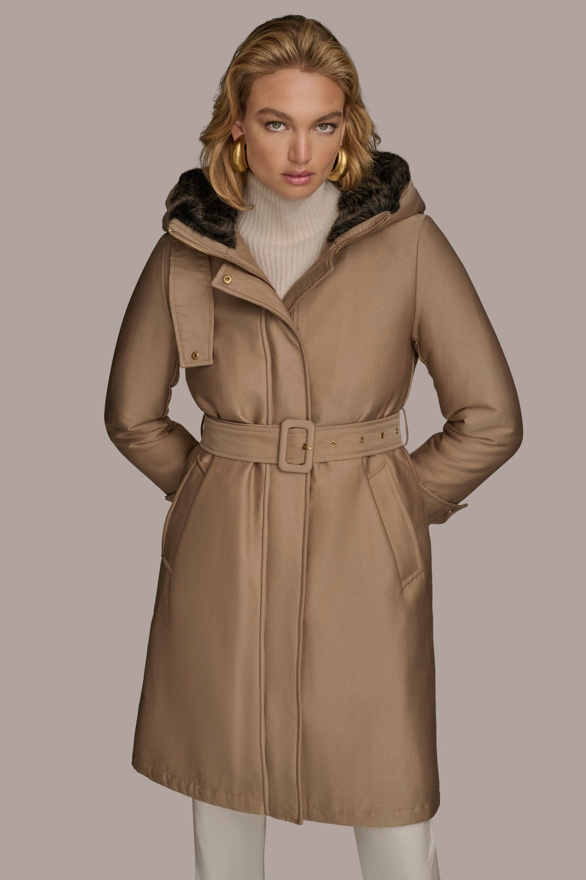 FAUX FUR TRIM LINED RAIN COAT - KHAKI