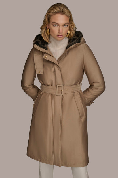 FAUX FUR TRIM LINED RAIN COAT - KHAKI