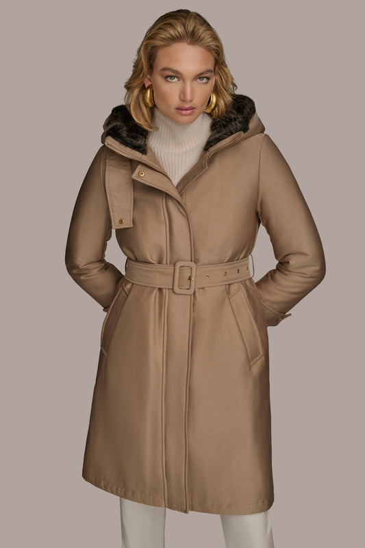 FAUX FUR TRIM LINED RAIN COAT - KHAKI