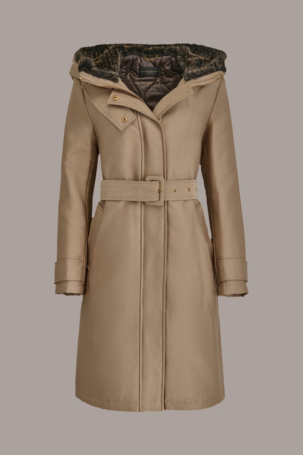 FAUX FUR TRIM LINED RAIN COAT - KHAKI