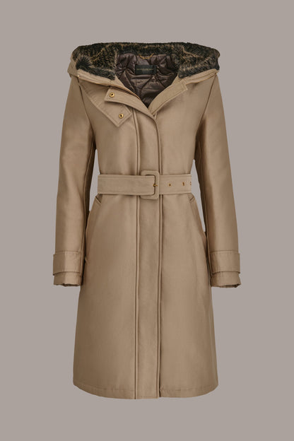 FAUX FUR TRIM LINED RAIN COAT - KHAKI