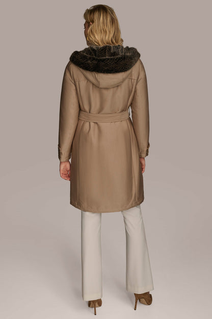FAUX FUR TRIM LINED RAIN COAT - KHAKI