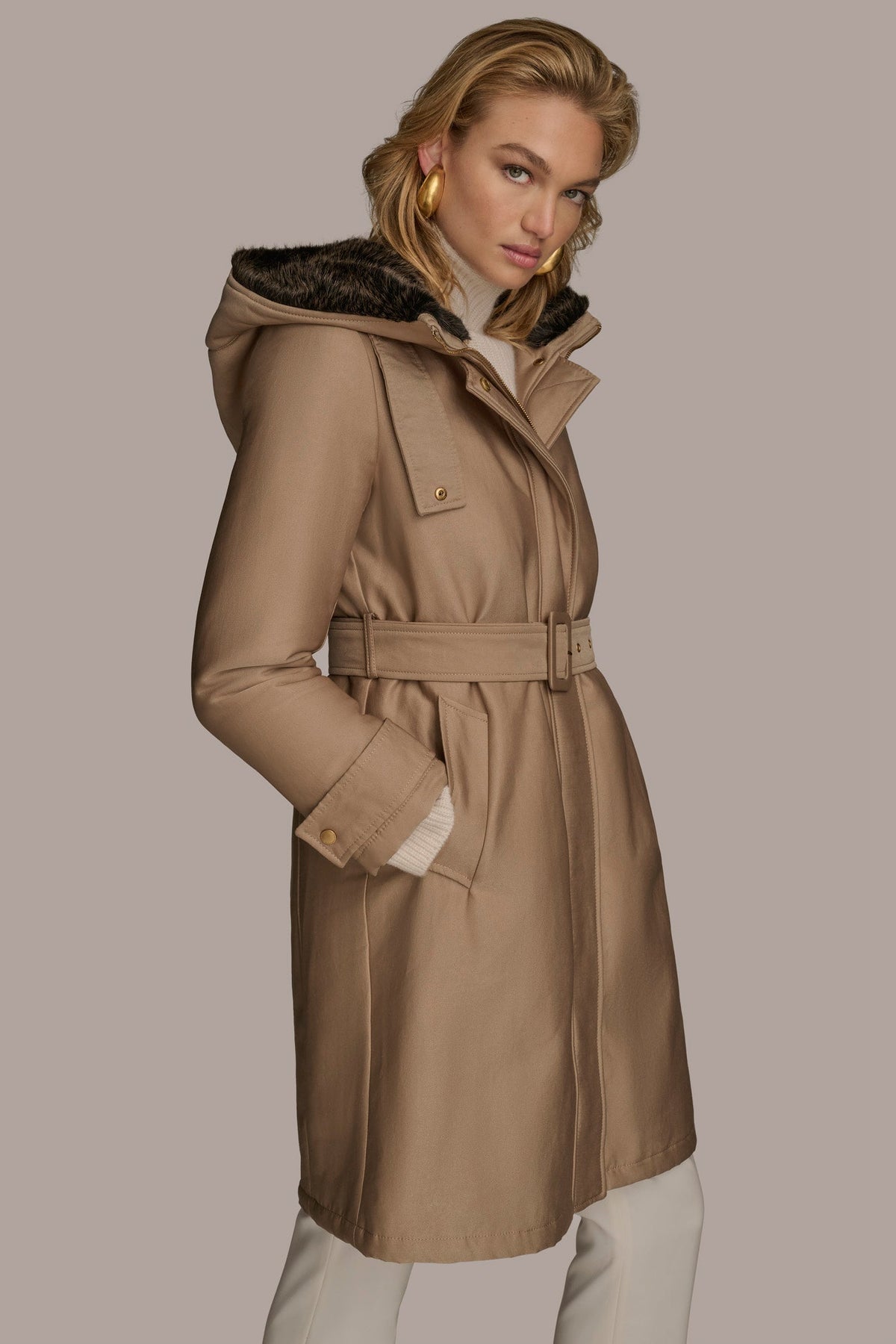 FAUX FUR TRIM LINED RAIN COAT - KHAKI