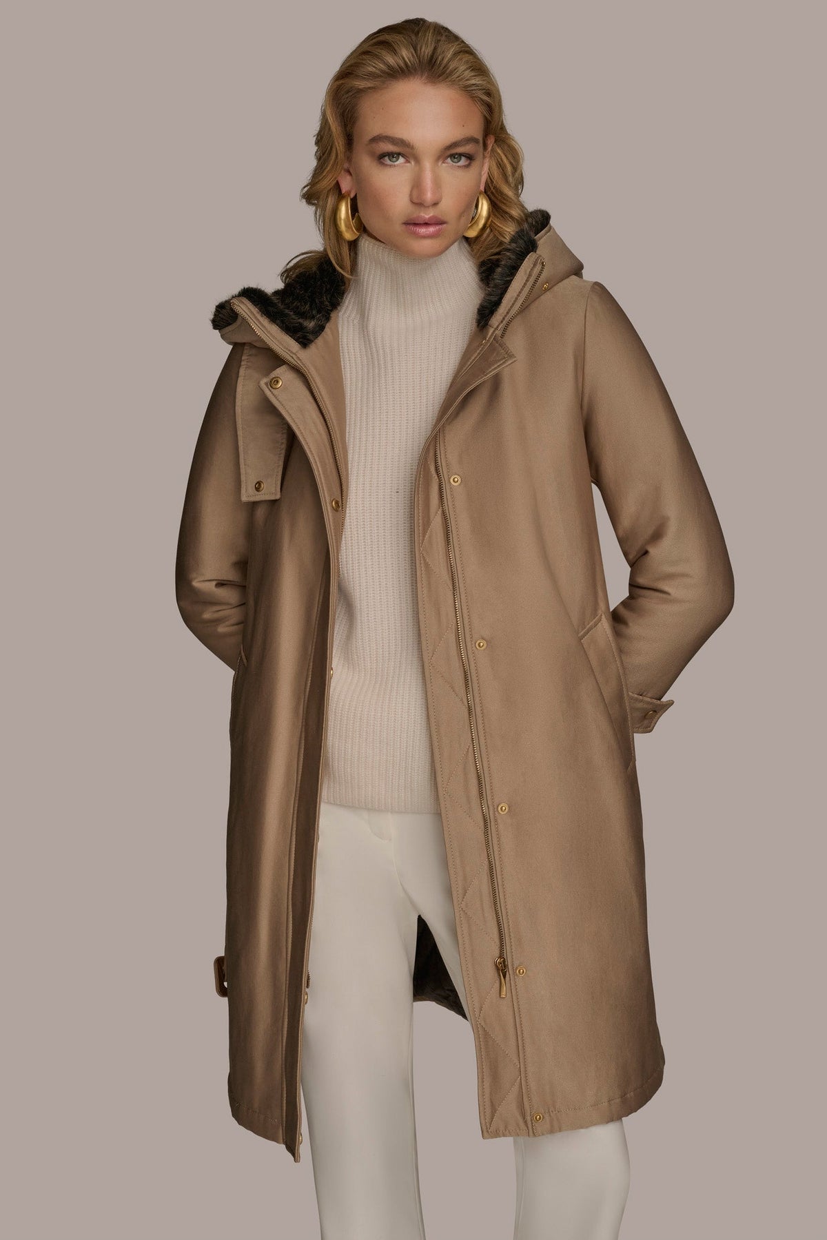 FAUX FUR TRIM LINED RAIN COAT - KHAKI