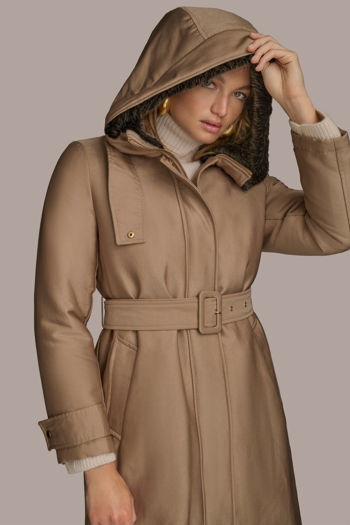 FAUX FUR TRIM LINED RAIN COAT - KHAKI