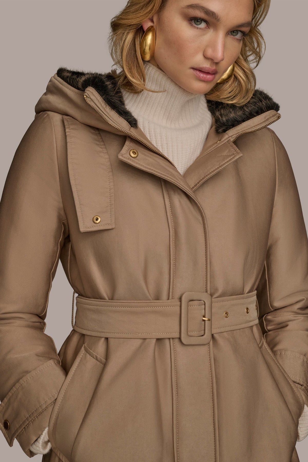 FAUX FUR TRIM LINED RAIN COAT - KHAKI
