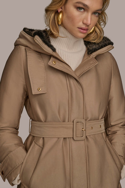 FAUX FUR TRIM LINED RAIN COAT - KHAKI