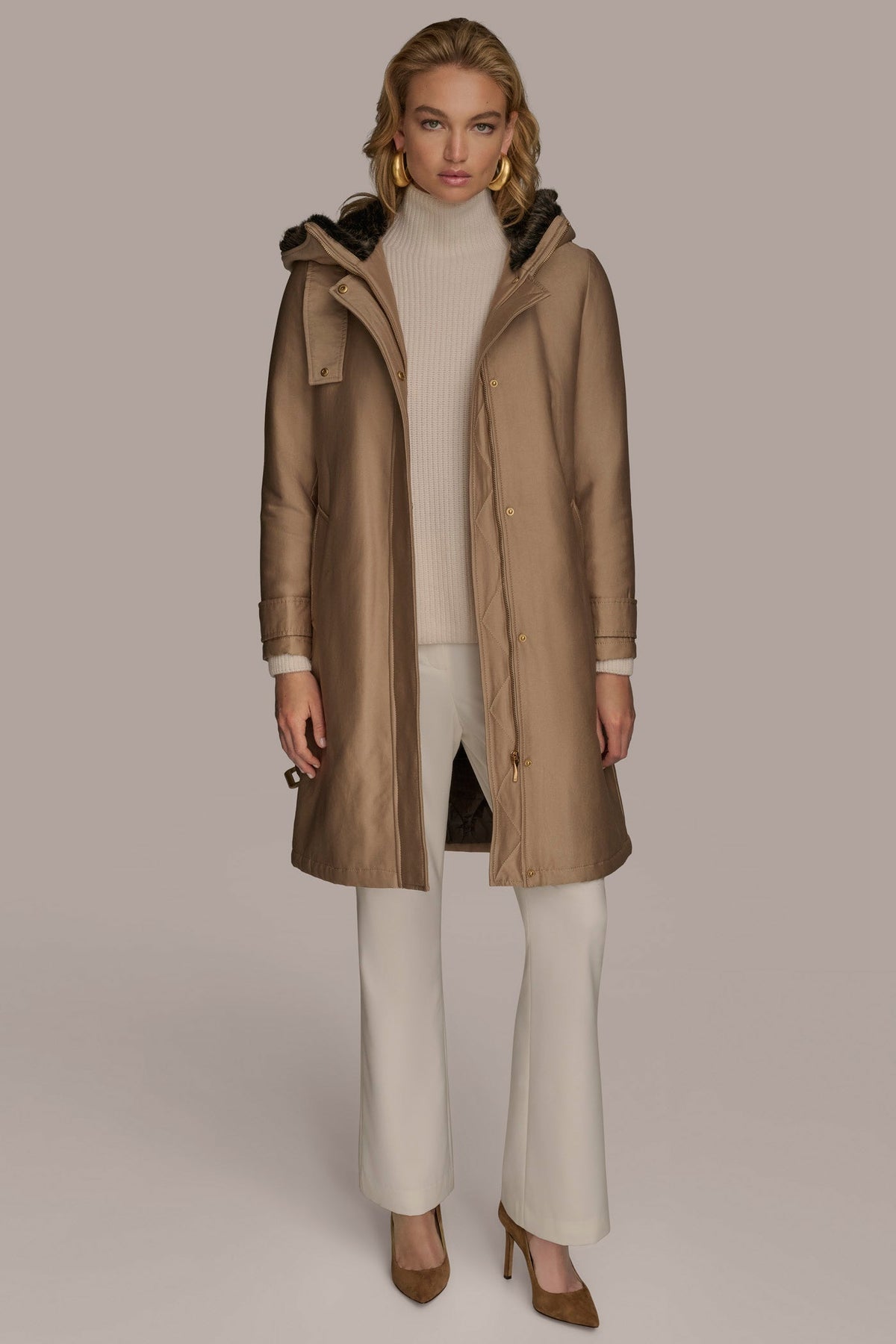 FAUX FUR TRIM LINED RAIN COAT - KHAKI