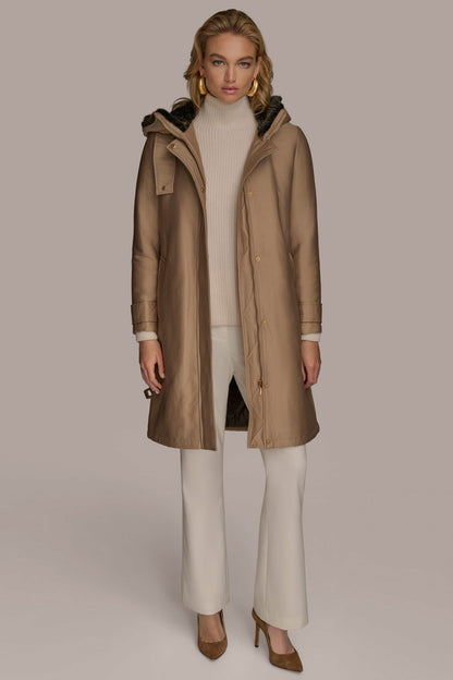 FAUX FUR TRIM LINED RAIN COAT - KHAKI