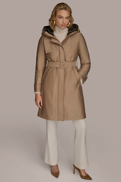 FAUX FUR TRIM LINED RAIN COAT - KHAKI