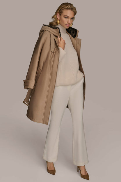 FAUX FUR TRIM LINED RAIN COAT - KHAKI