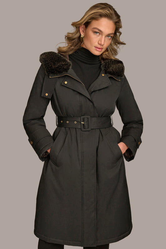 FAUX FUR TRIM LINED RAIN COAT - Black