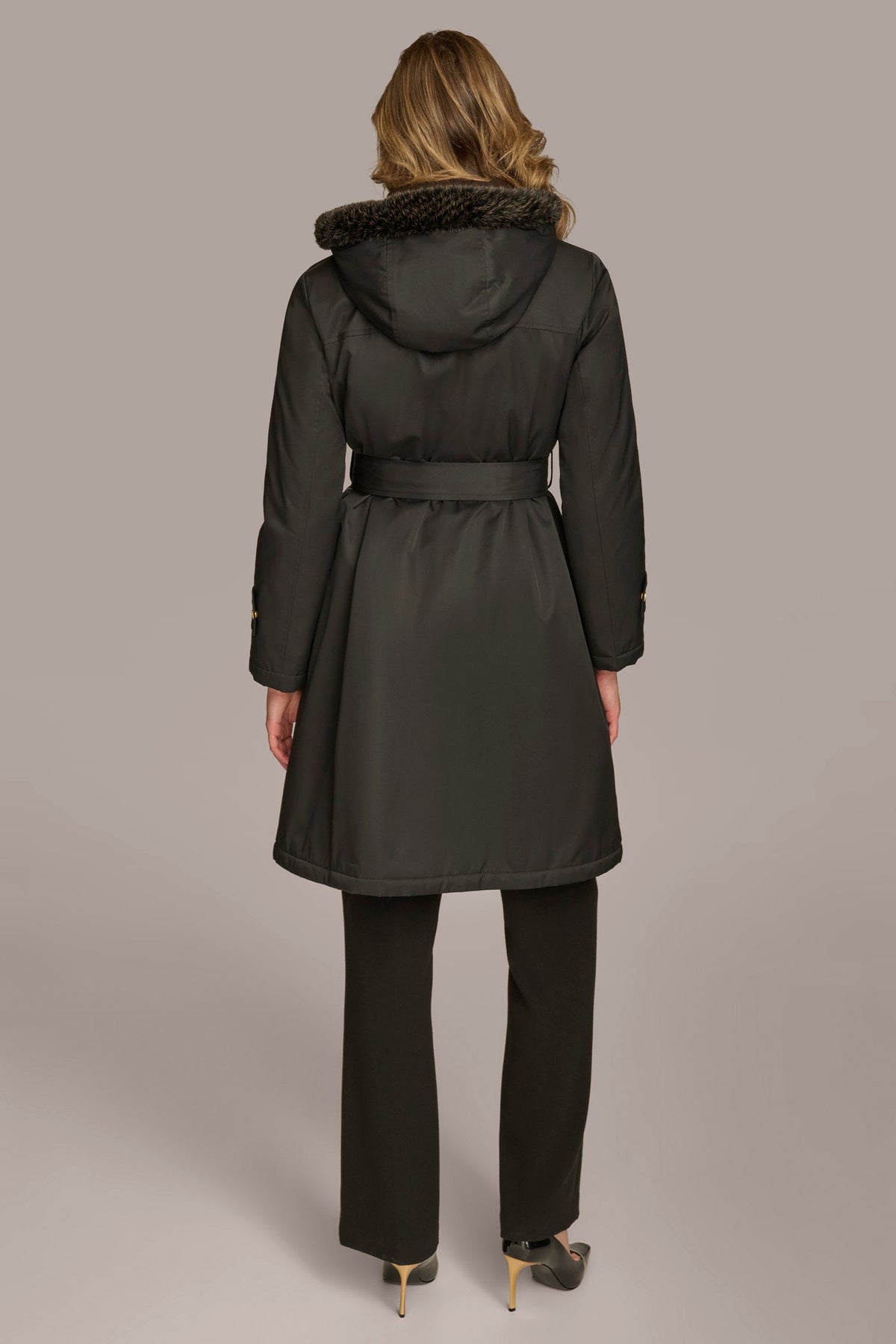 FAUX FUR TRIM LINED RAIN COAT - Black