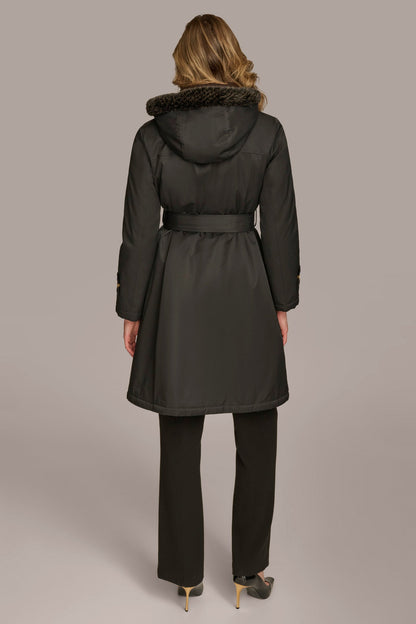 FAUX FUR TRIM LINED RAIN COAT - Black