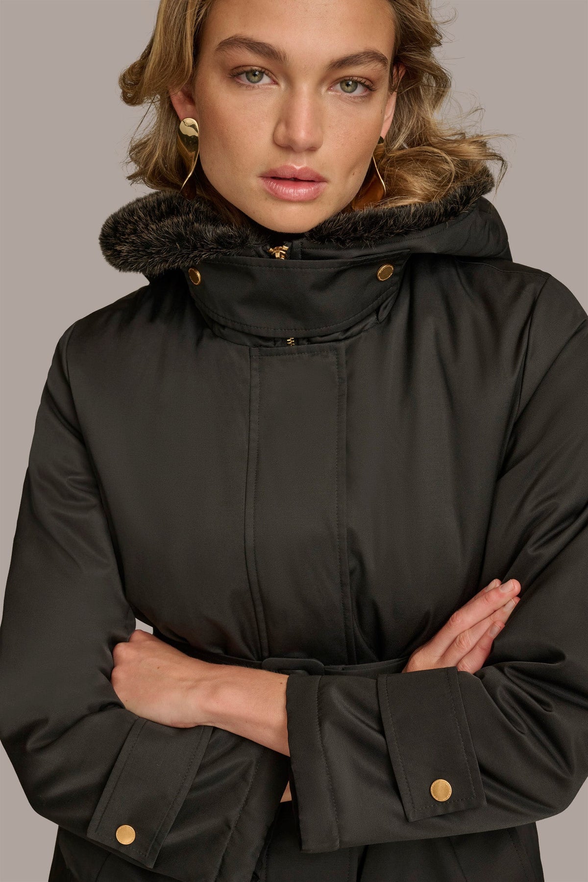 FAUX FUR TRIM LINED RAIN COAT - Black