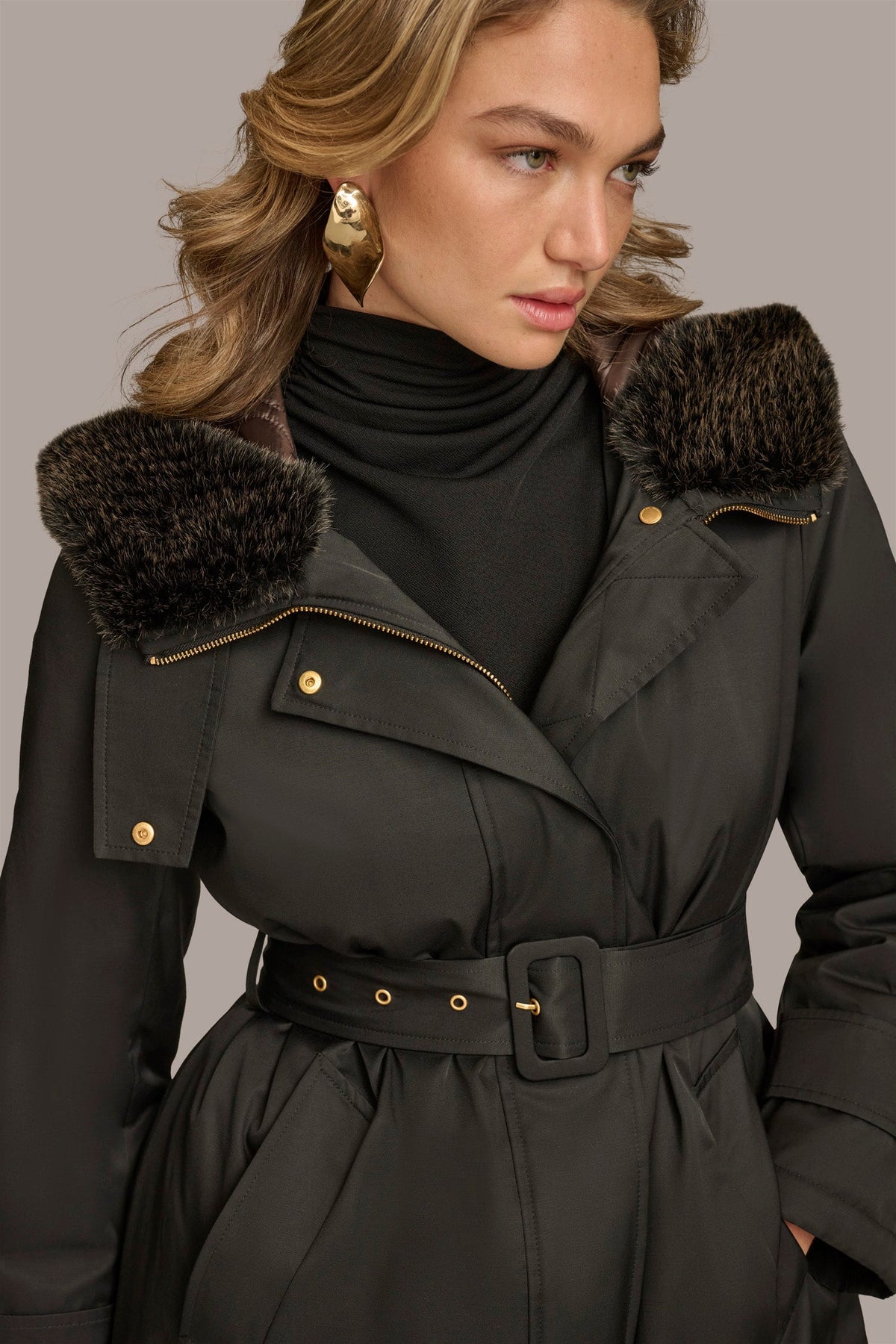 FAUX FUR TRIM LINED RAIN COAT - Black