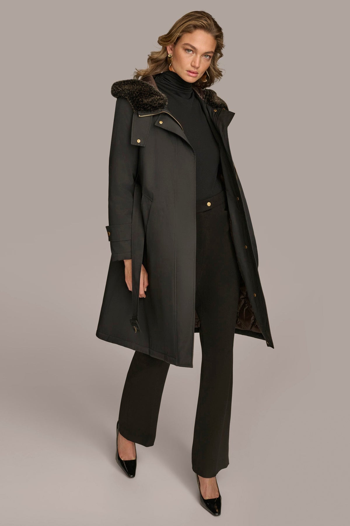 FAUX FUR TRIM LINED RAIN COAT - Black