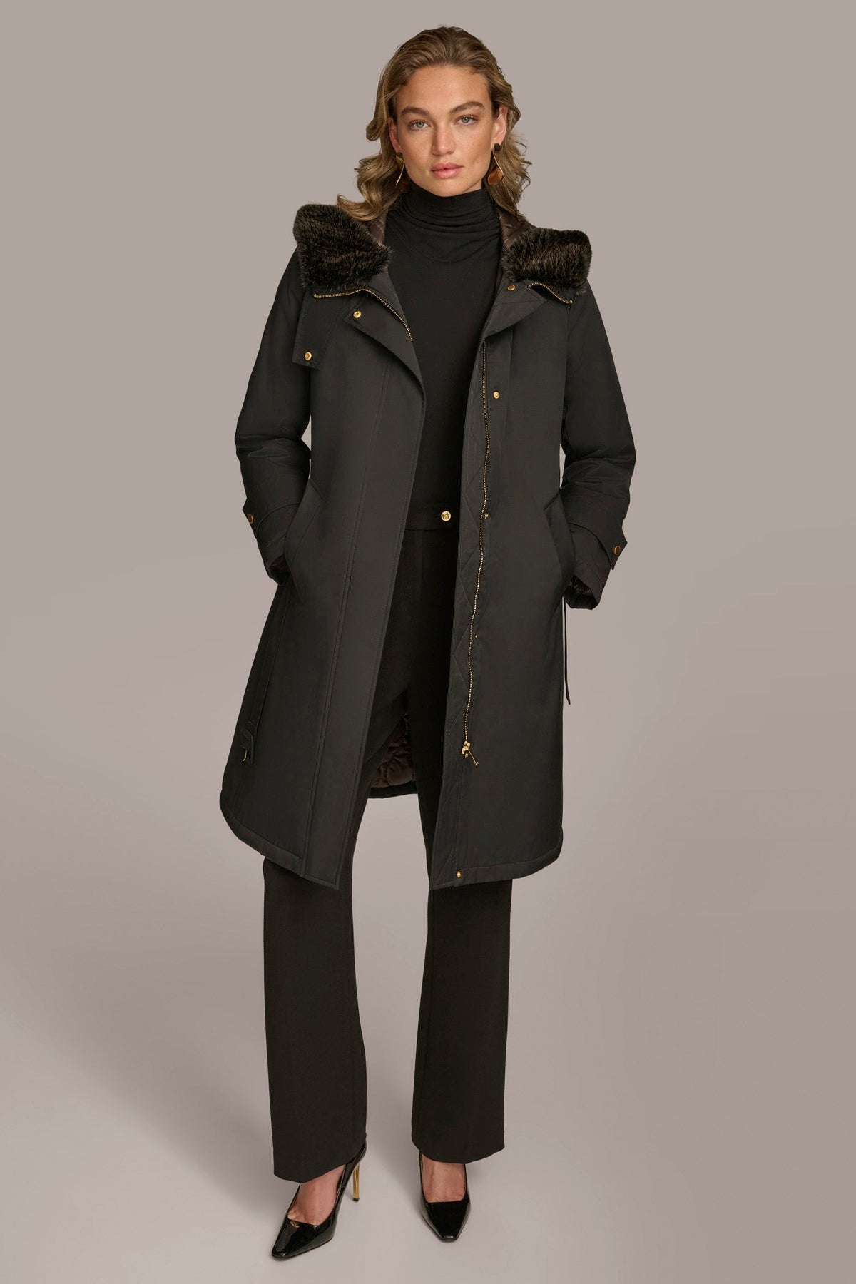 FAUX FUR TRIM LINED RAIN COAT - Black